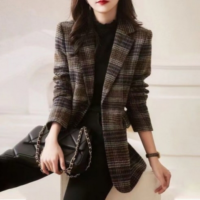 []206. 여성 체크무늬 캐주얼 카라 정장자켓