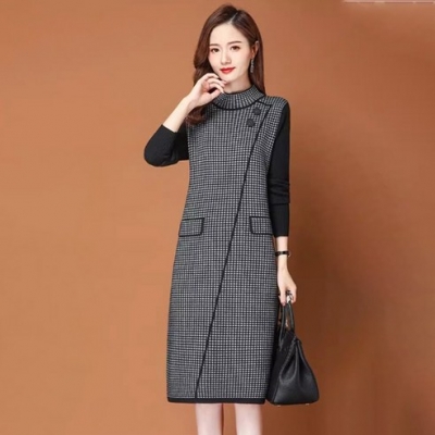 []507. 배색 체크무늬 디자인 미디 원피스