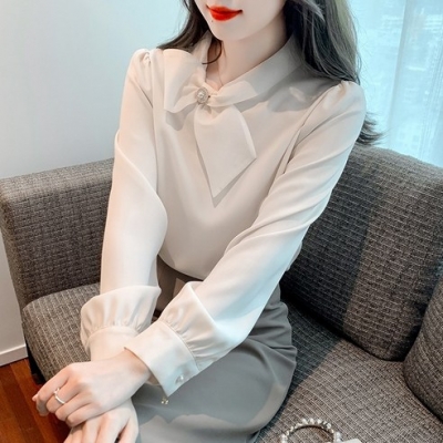 []521. 진주 단추 리본 블라우스